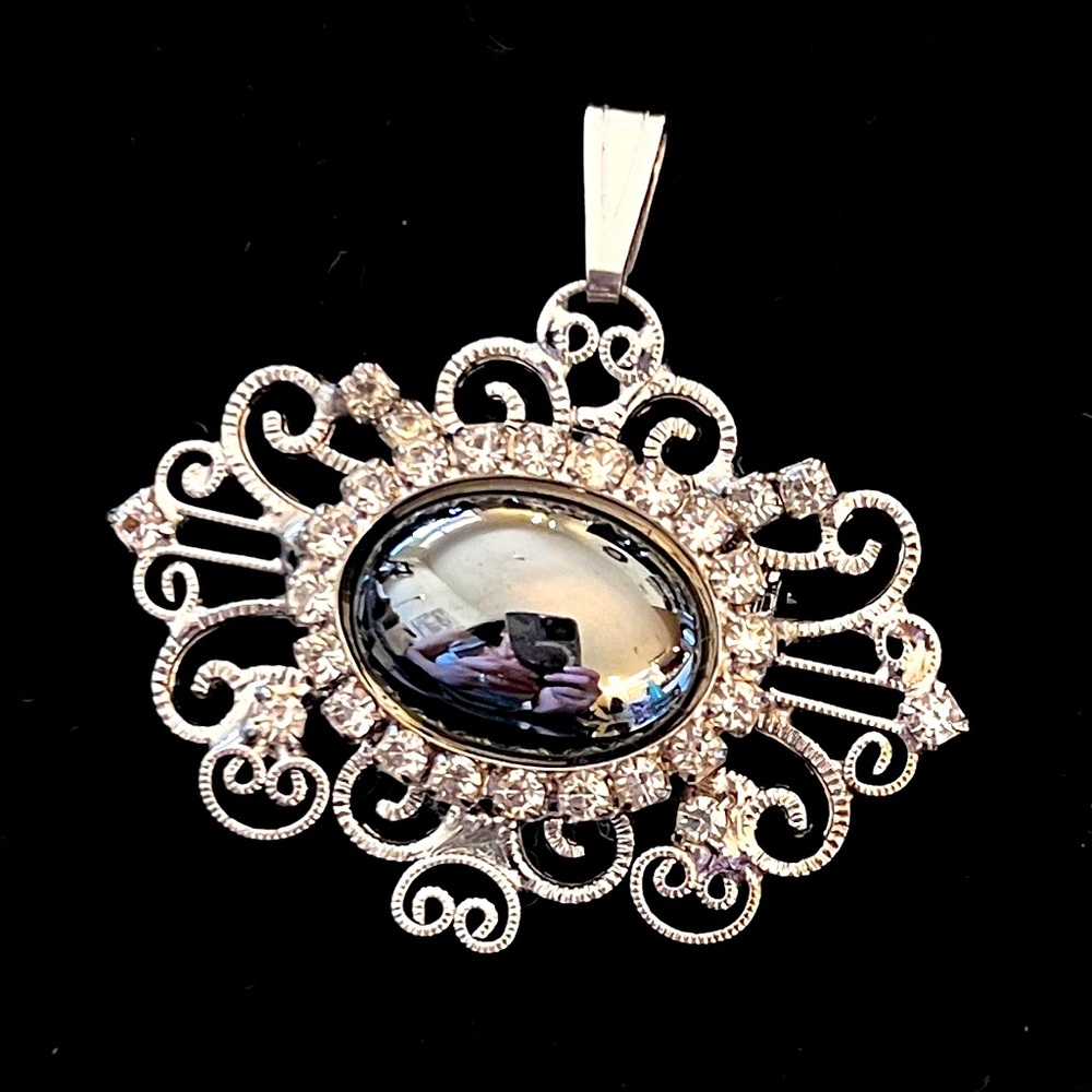 Vintage Hematite Centerpiece w/Silver Tones~Rhinestone Filagree Pendant/Brooch